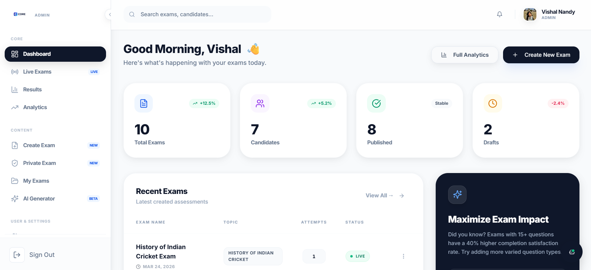 CORE Platform assessment dashboard with exam analytics